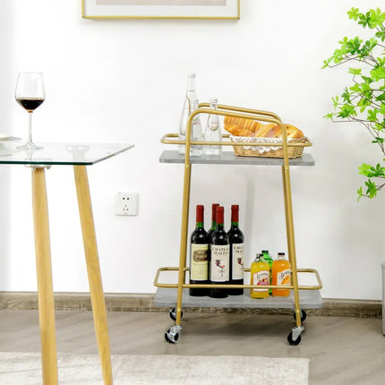2-tier Kitchen Rolling Cart with Steel Frame and Lockable Casters-Gray Costway