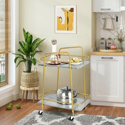 2-tier Kitchen Rolling Cart with Steel Frame and Lockable Casters-Gray Costway