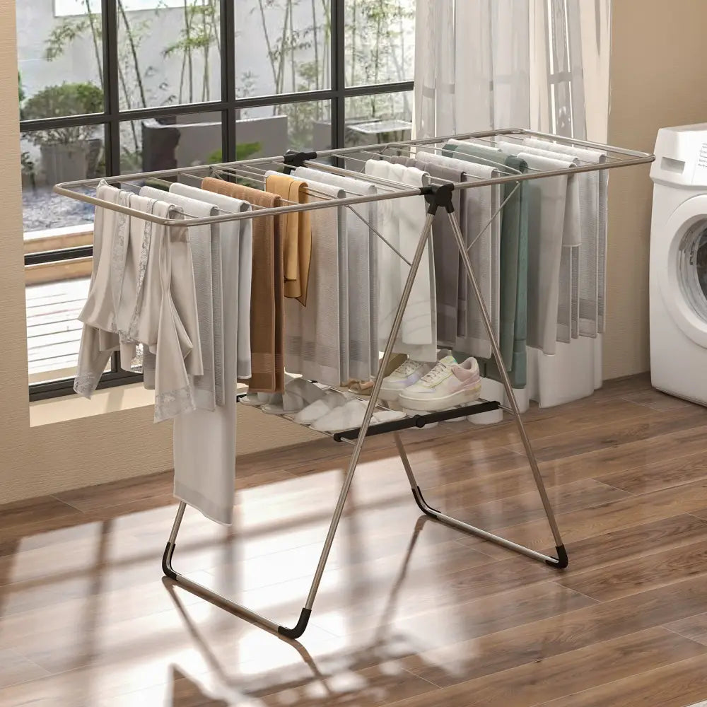 2-Tier Laundry Drying Rack Folding Cloth Rack with Aluminum Frame - Silver - Drying Racks