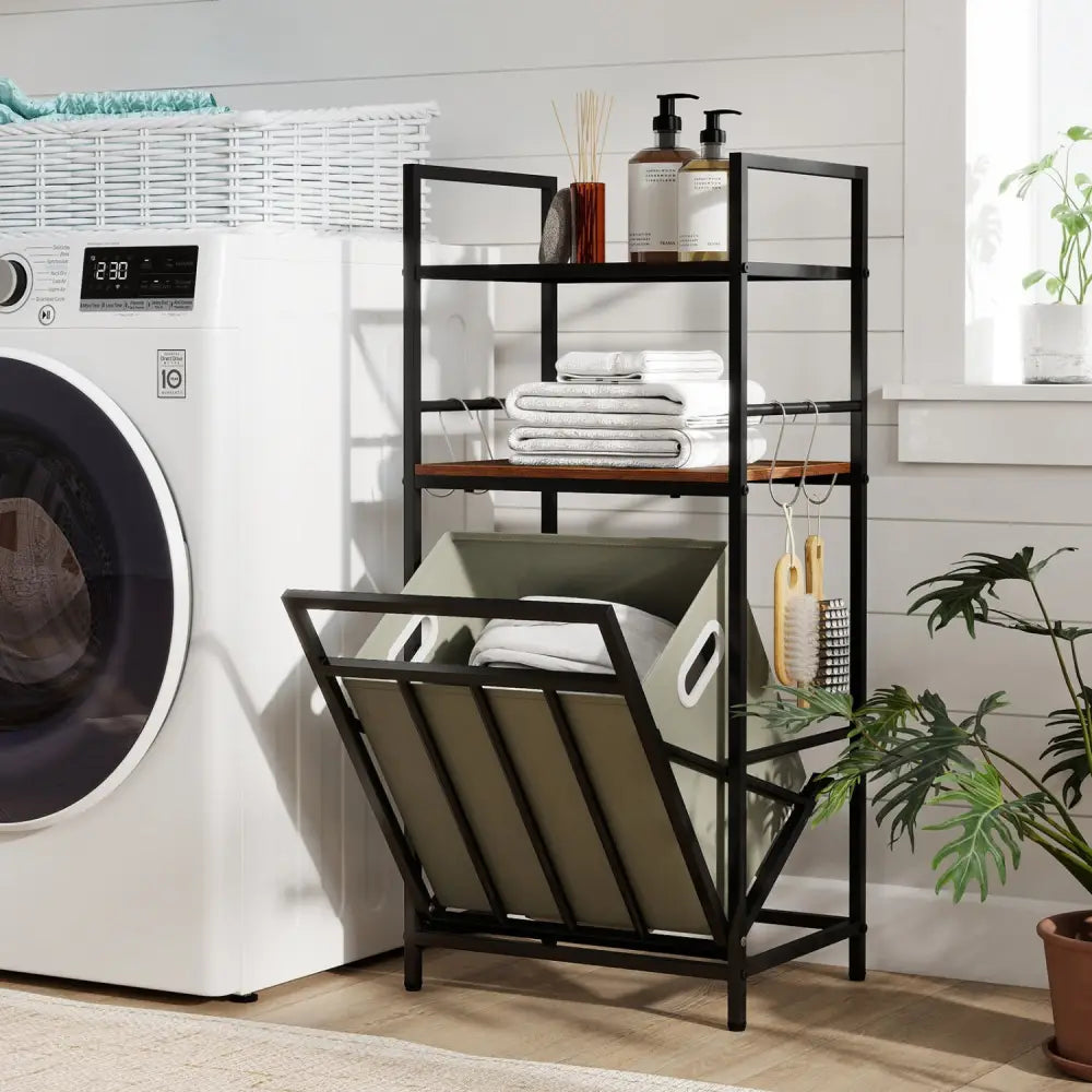 2-Tier Laundry Hamper with Tilt-out Basket-Black - Black - Laundry Baskets