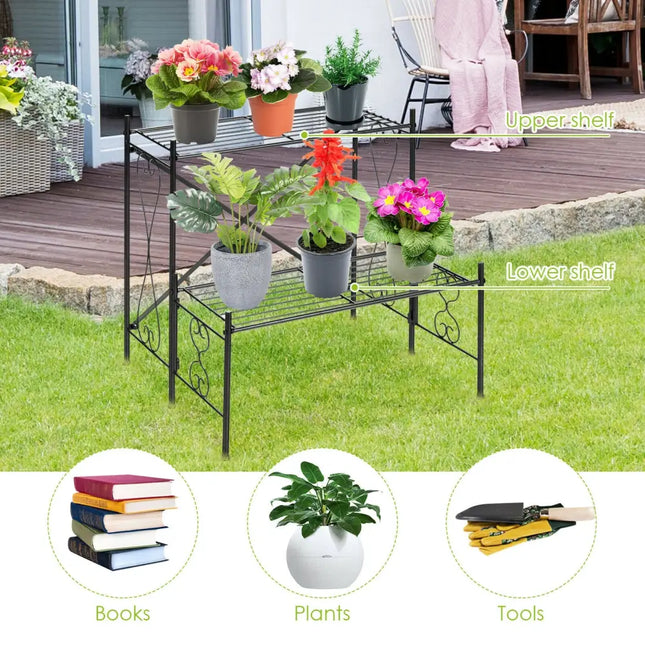 2-Tier Metal Plant Stand Garden Shelf - Black - Plant Stands