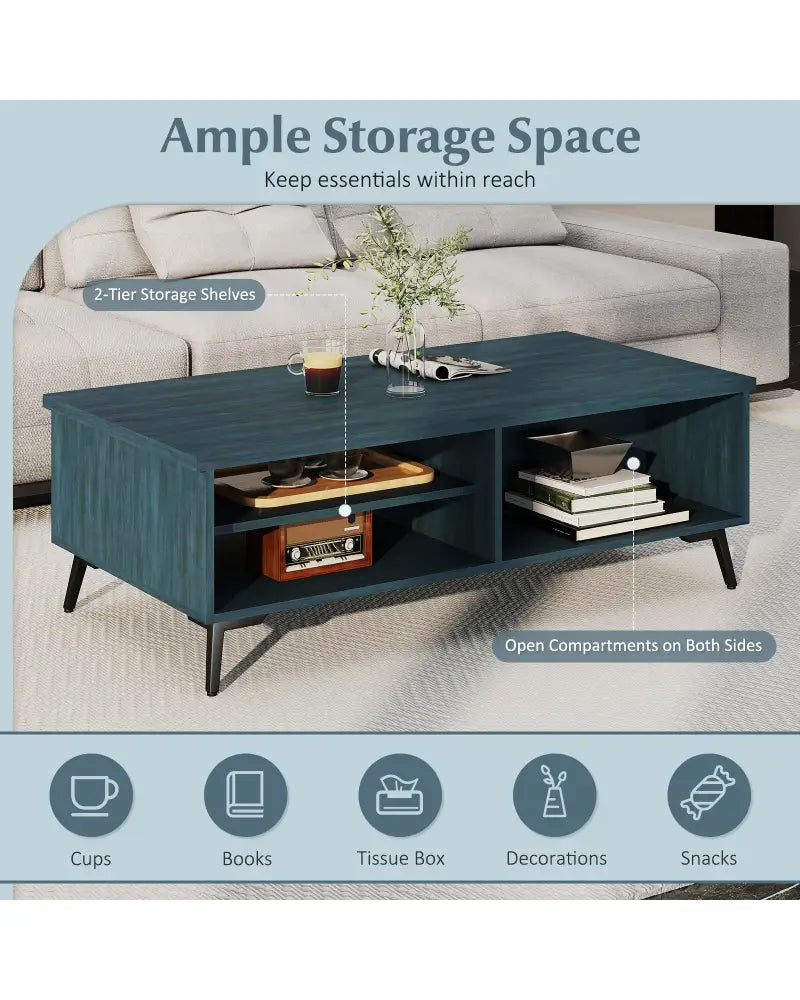 2-Tier Mid Century Modern Coffee Table with Storage Shelves Compartments-Blue - Blue - Coffee Tables