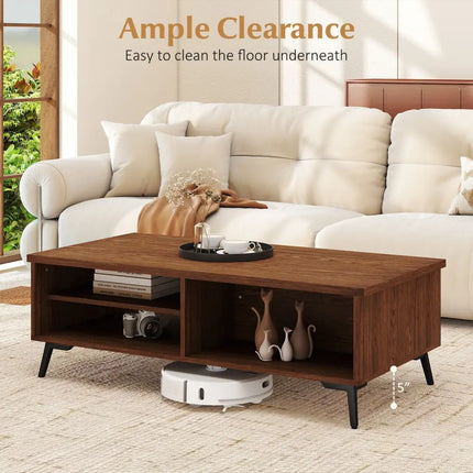 2-Tier Mid Century Modern Coffee Table with Storage Shelves Compartments-Walnut Costway