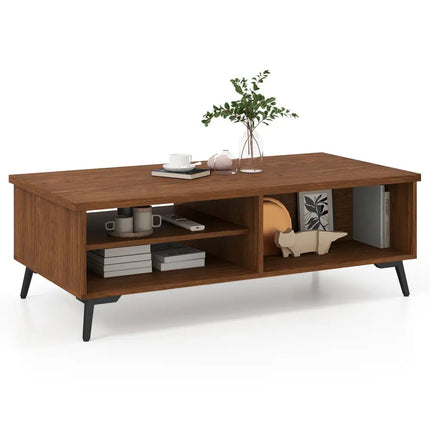 2-Tier Mid Century Modern Coffee Table with Storage Shelves Compartments-Walnut Costway