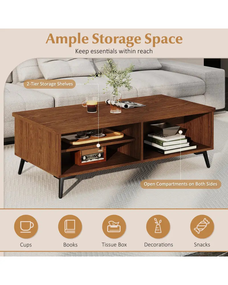 2-Tier Mid Century Modern Coffee Table with Storage Shelves Compartments-Walnut - Walnut - Coffee Tables