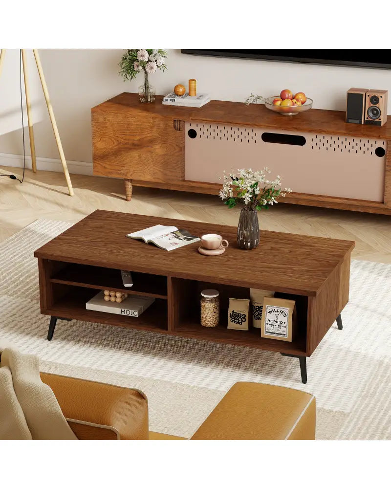 2-Tier Mid Century Modern Coffee Table with Storage Shelves Compartments-Walnut - Walnut - Coffee Tables