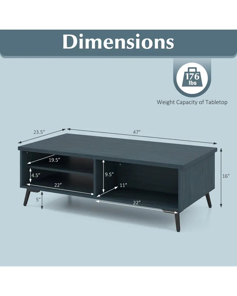 2-Tier Mid Century Modern Coffee Table with Storage Shelves Compartments-Blue - Blue - Coffee Tables