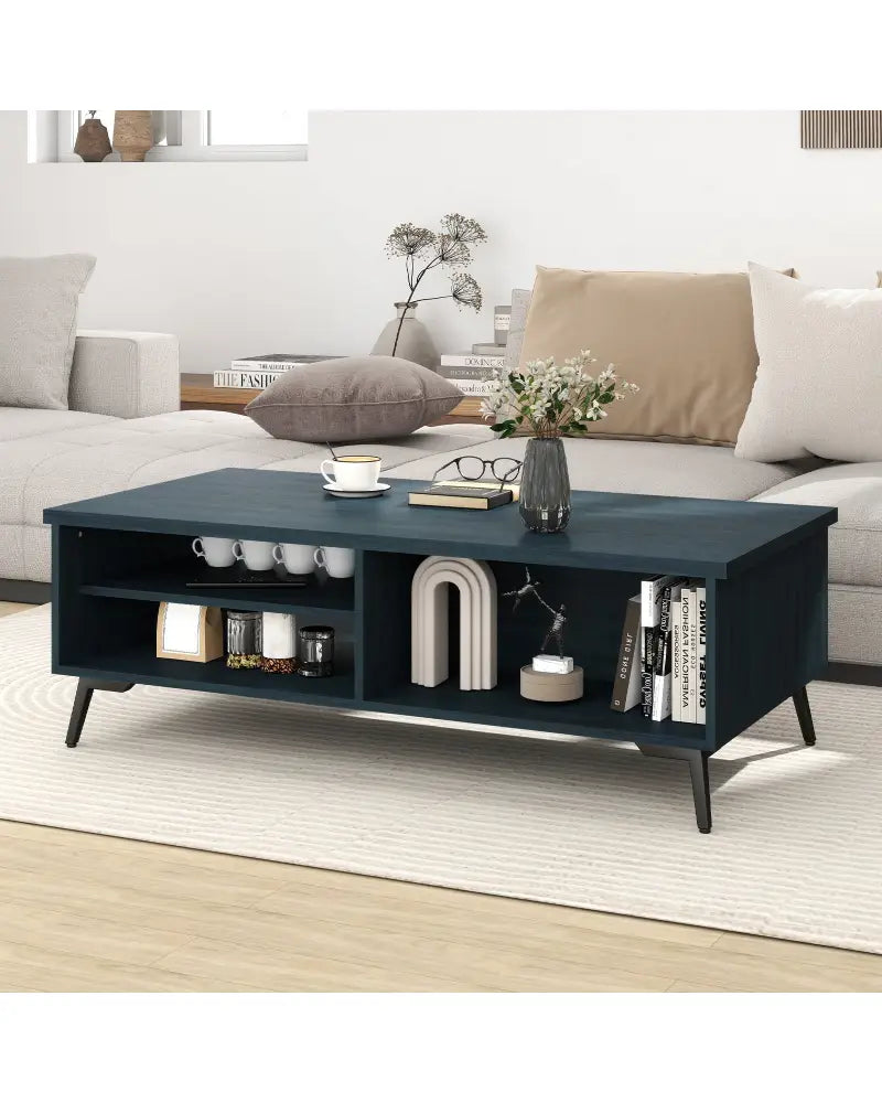 2-Tier Mid Century Modern Coffee Table with Storage Shelves Compartments-Blue - Blue - Coffee Tables