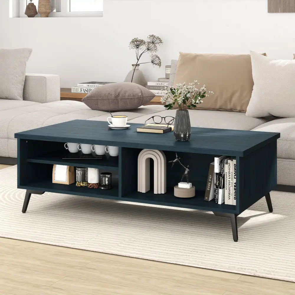 2-Tier Mid Century Modern Coffee Table with Storage Shelves Compartments-Blue - Blue - Coffee Tables