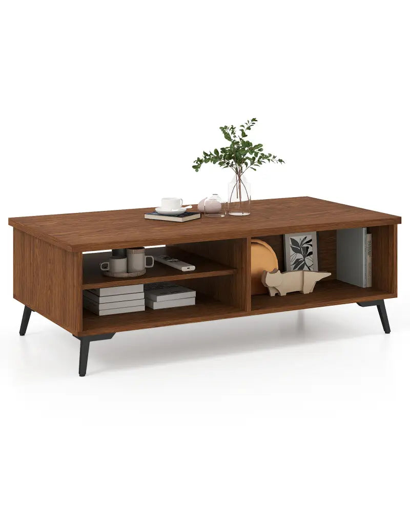 2-Tier Mid Century Modern Coffee Table with Storage Shelves Compartments-Walnut - Walnut - Coffee Tables