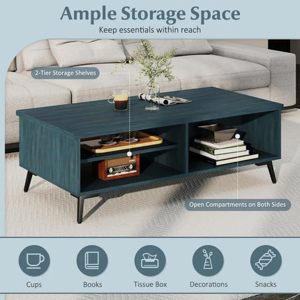 2-Tier Mid Century Modern Coffee Table with Storage Shelves Compartments-Blue Costway
