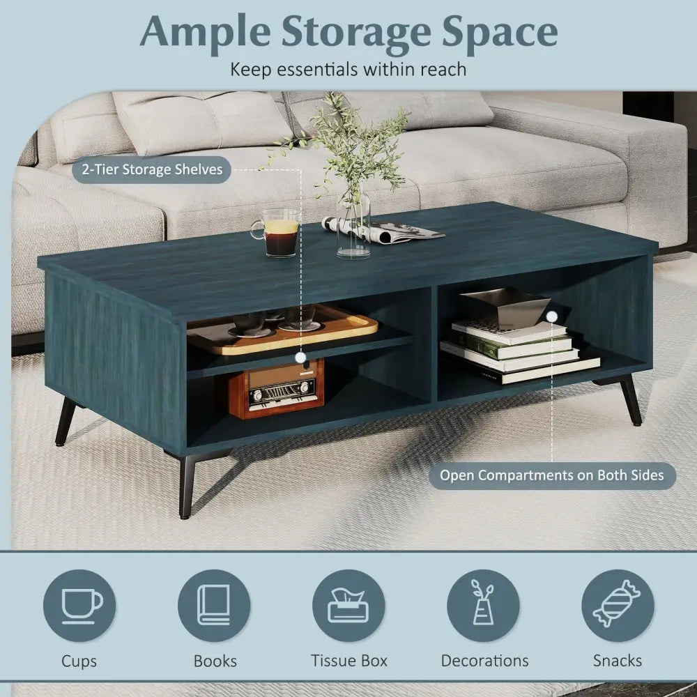 2-Tier Mid Century Modern Coffee Table with Storage Shelves Compartments-Blue Costway