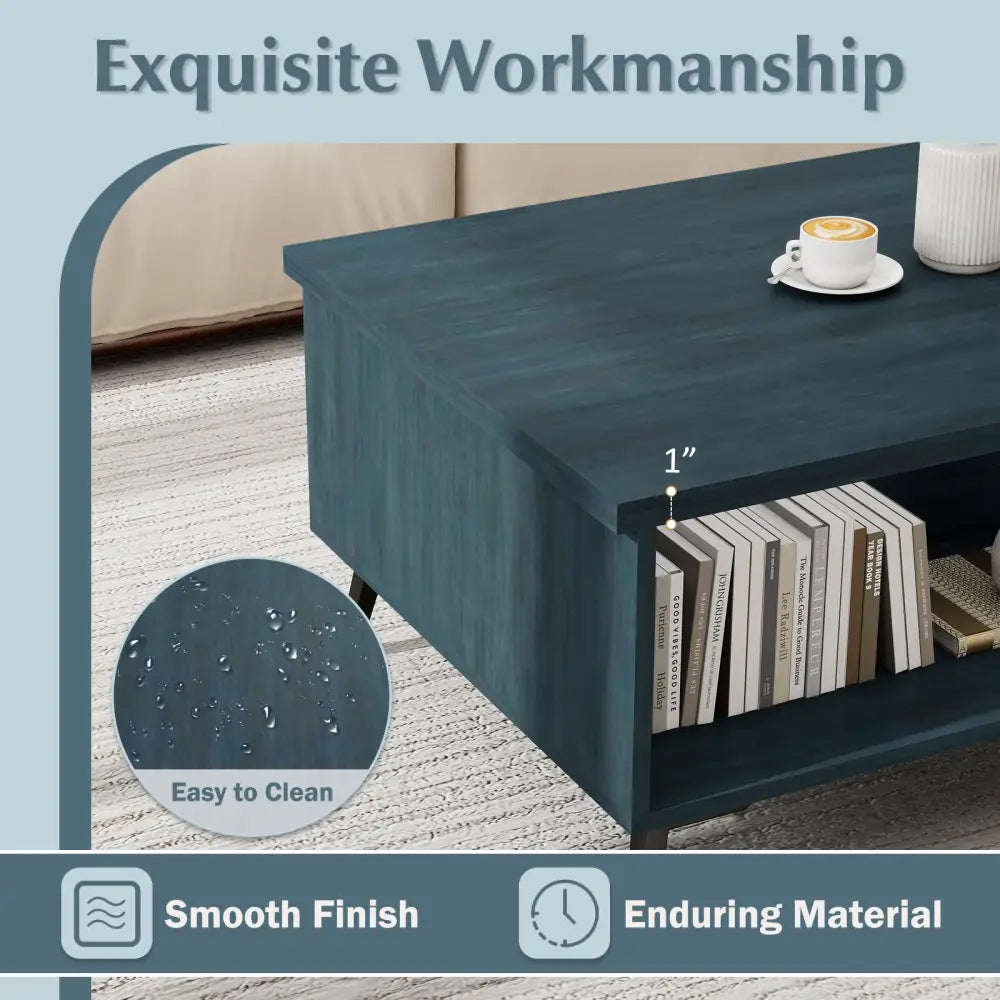 2-Tier Mid Century Modern Coffee Table with Storage Shelves Compartments-Blue Costway