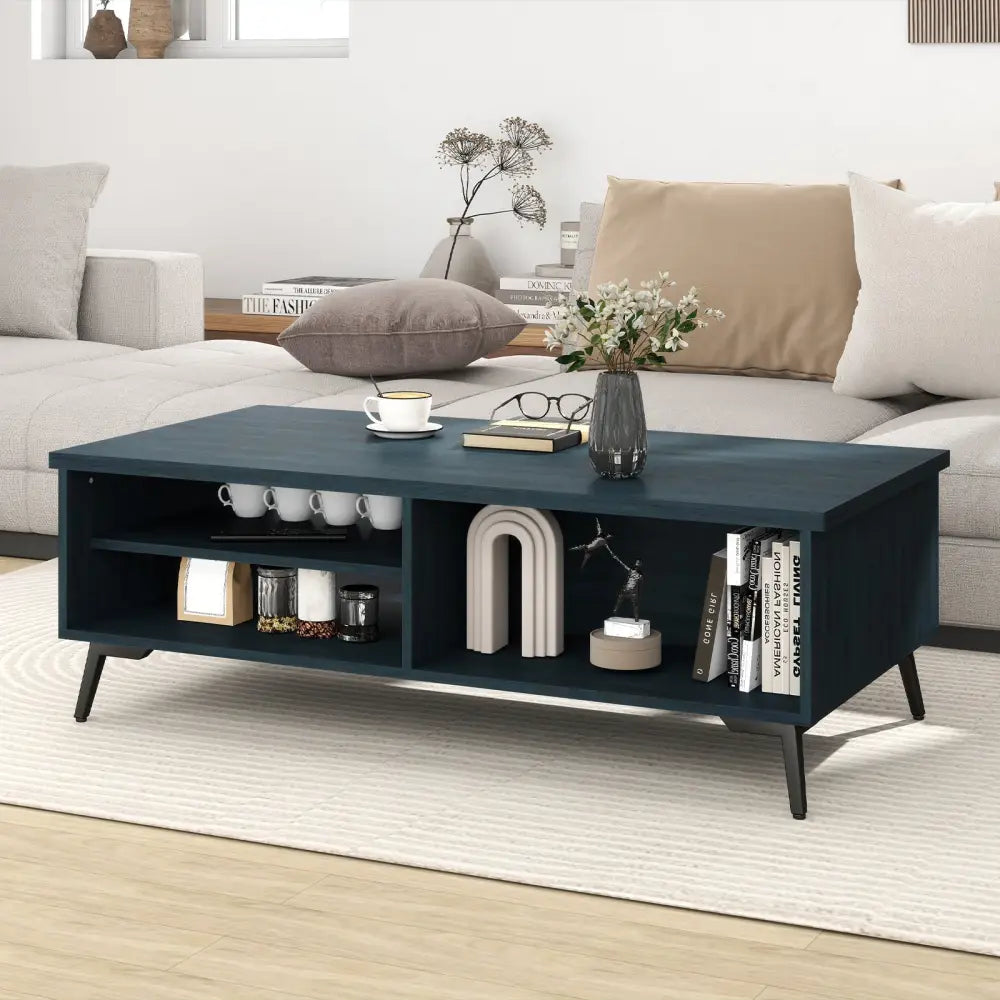 2-Tier Mid Century Modern Coffee Table with Storage Shelves Compartments-Blue Costway