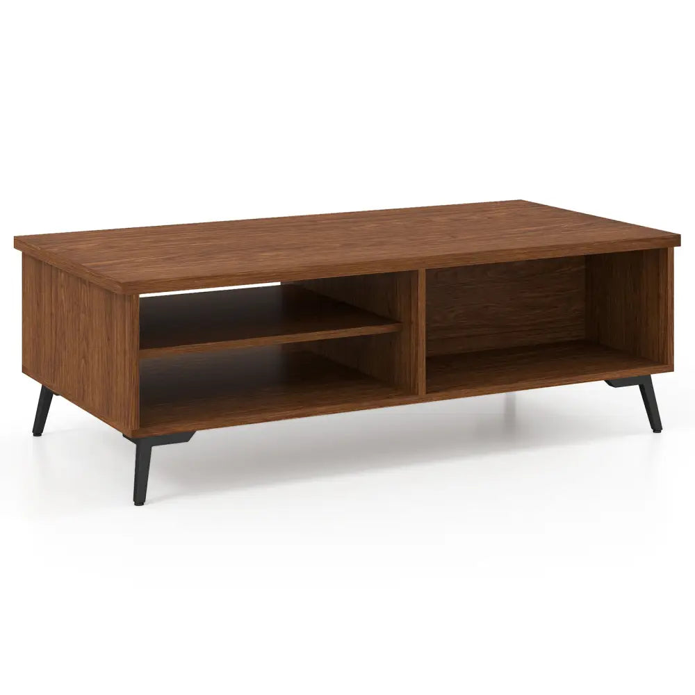 2-Tier Mid Century Modern Coffee Table with Storage Shelves Compartments-Walnut Costway
