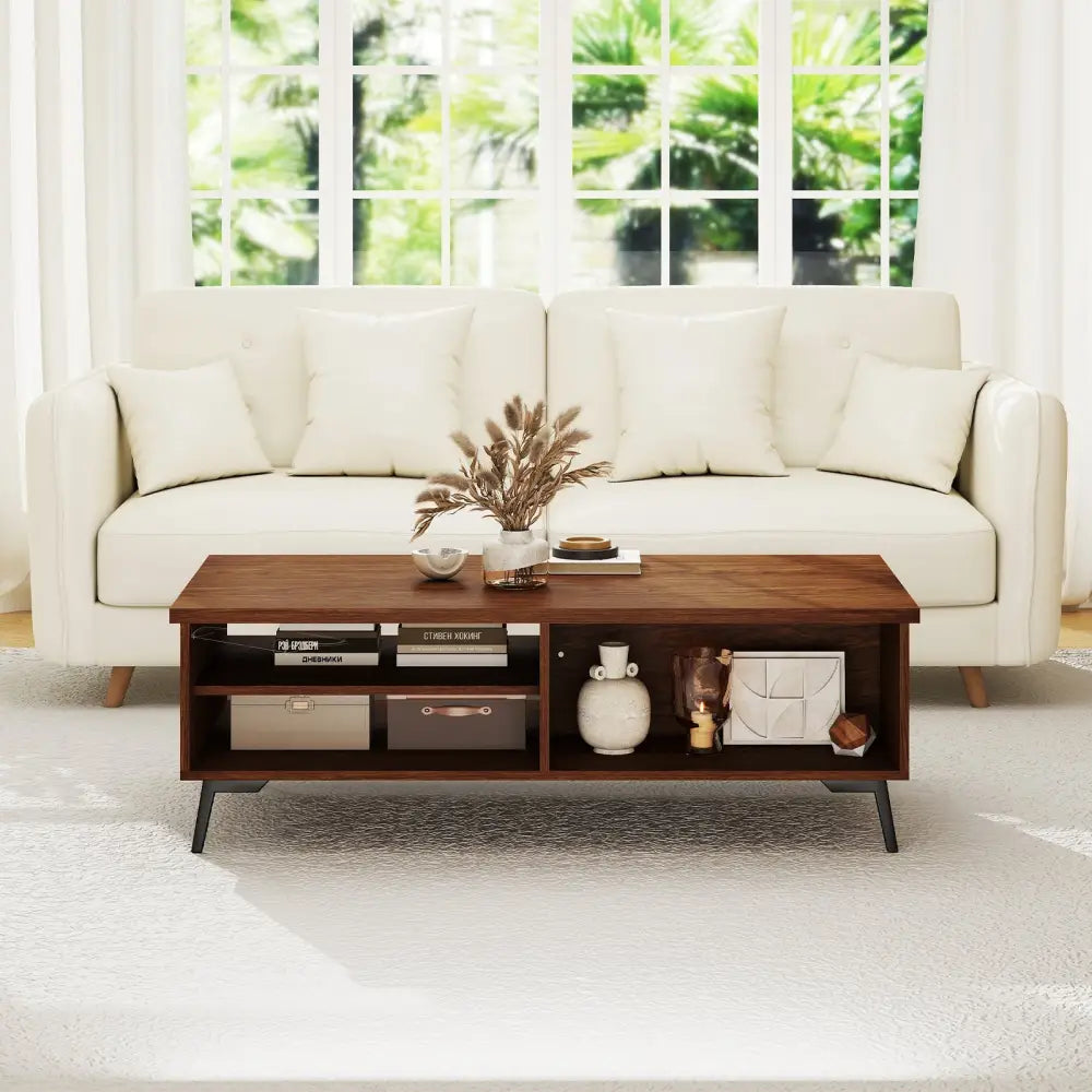 2-Tier Mid Century Modern Coffee Table with Storage Shelves Compartments-Walnut Costway