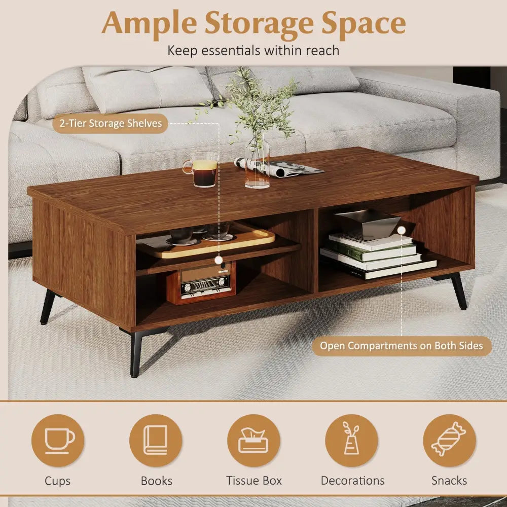 2-Tier Mid Century Modern Coffee Table with Storage Shelves Compartments-Walnut Costway