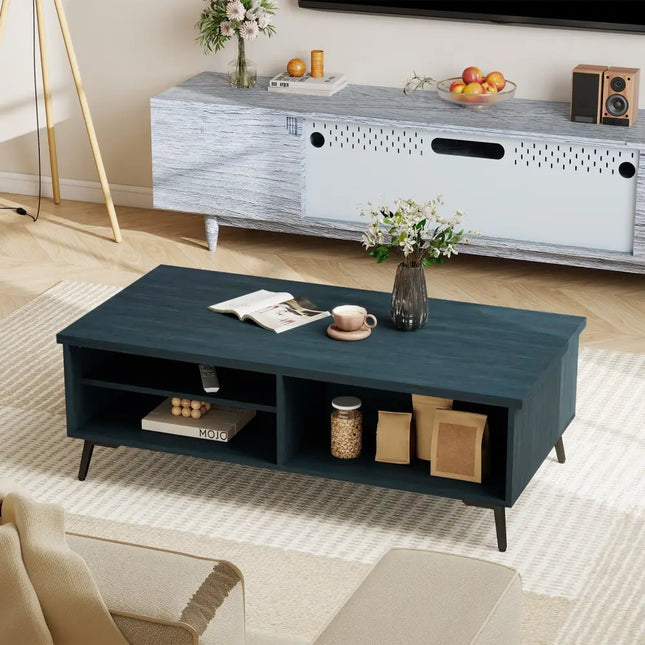 2-Tier Mid Century Modern Coffee Table with Storage Shelves Compartments-Blue Costway