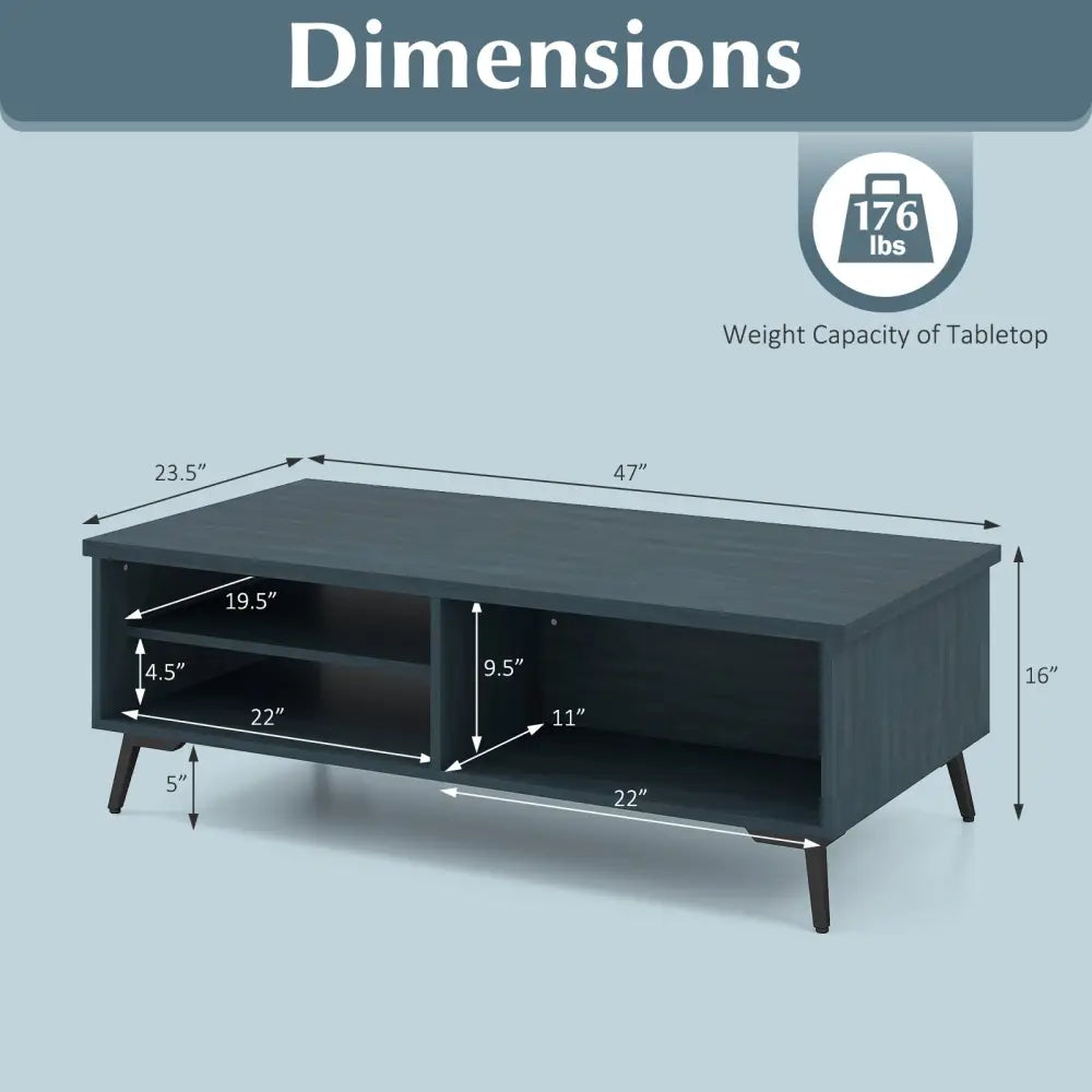 2-Tier Mid Century Modern Coffee Table with Storage Shelves Compartments-Blue Costway