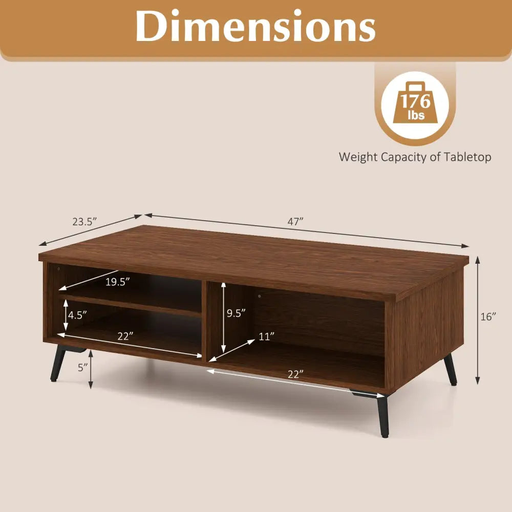 2-Tier Mid Century Modern Coffee Table with Storage Shelves Compartments-Walnut Costway