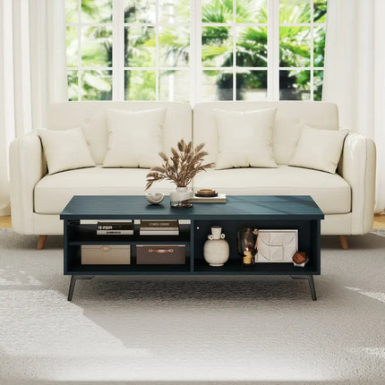 2-Tier Mid Century Modern Coffee Table with Storage Shelves Compartments-Blue Costway