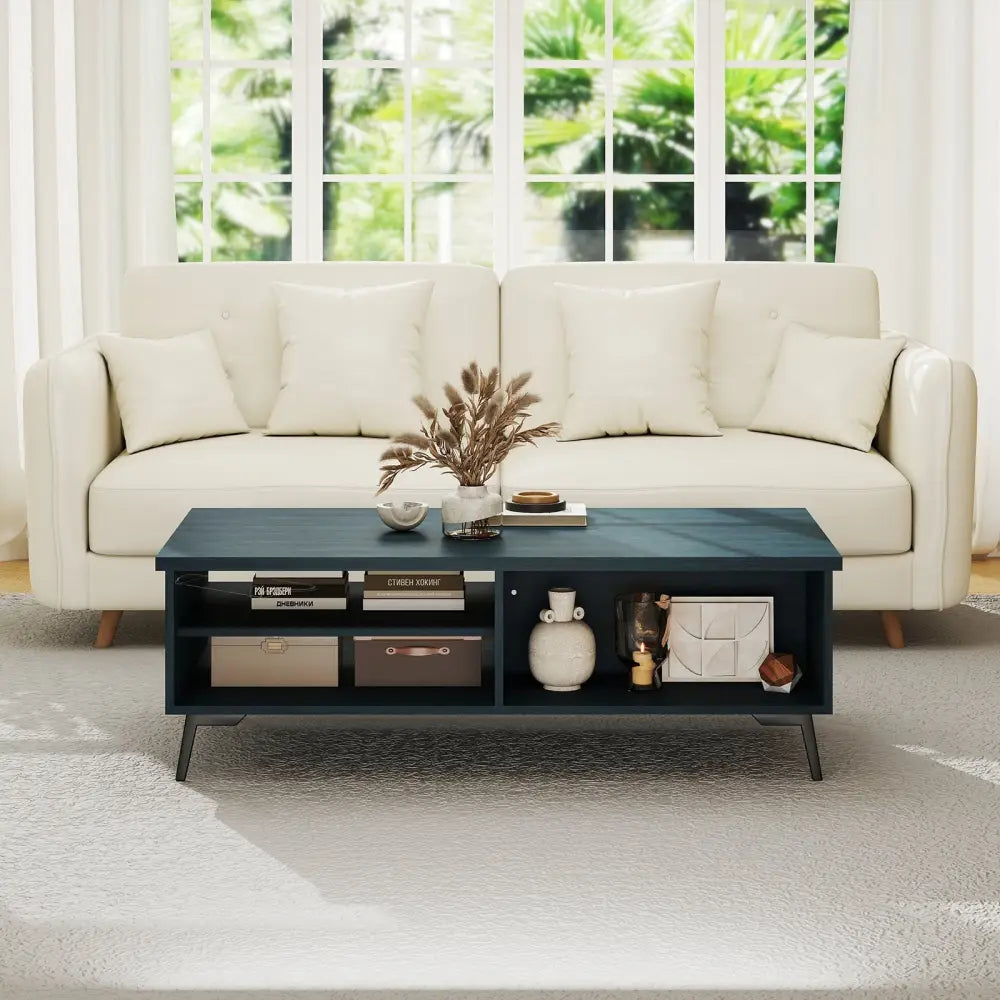 2-Tier Mid Century Modern Coffee Table with Storage Shelves Compartments-Blue Costway