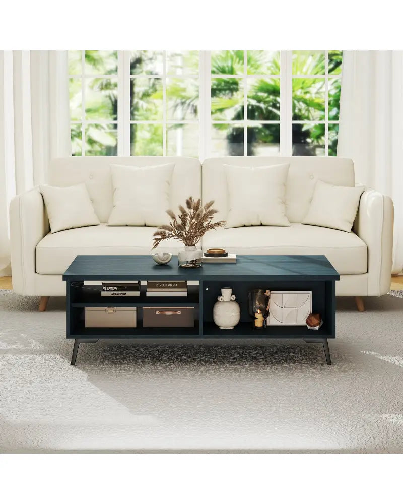 2-Tier Mid Century Modern Coffee Table with Storage Shelves Compartments-Blue - Blue - Coffee Tables