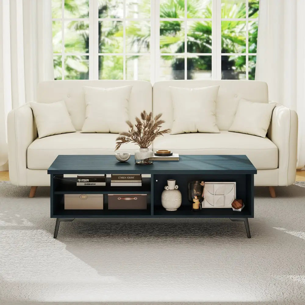 2-Tier Mid Century Modern Coffee Table with Storage Shelves Compartments-Blue - Blue - Coffee Tables