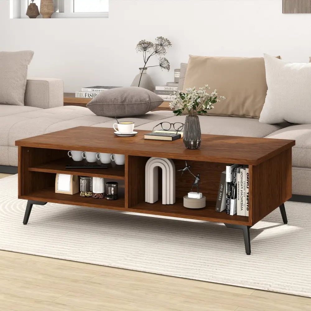 2-Tier Mid Century Modern Coffee Table with Storage Shelves Compartments-Walnut Costway