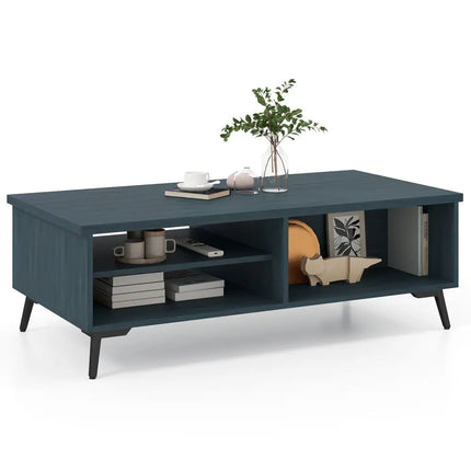 2-Tier Mid Century Modern Coffee Table with Storage Shelves Compartments-Blue Costway