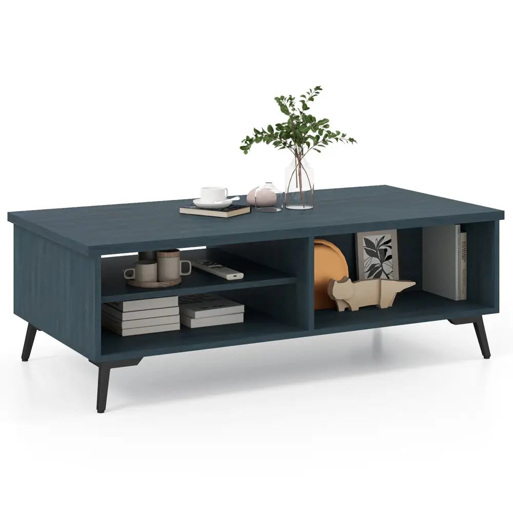 2-Tier Mid Century Modern Coffee Table with Storage Shelves Compartments-Blue Costway