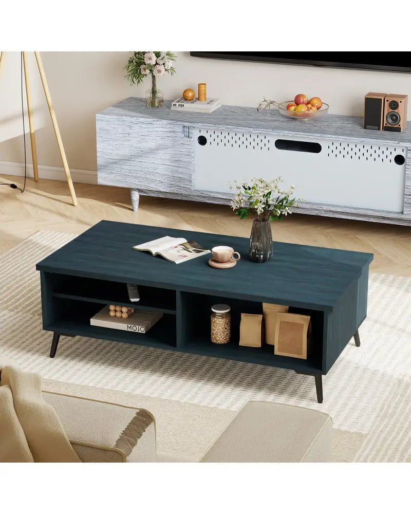 2-Tier Mid Century Modern Coffee Table with Storage Shelves Compartments-Blue - Blue - Coffee Tables