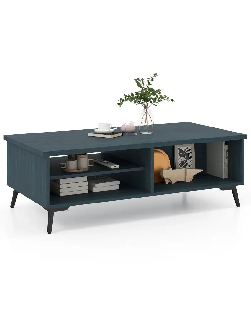 2-Tier Mid Century Modern Coffee Table with Storage Shelves Compartments-Blue - Blue - Coffee Tables