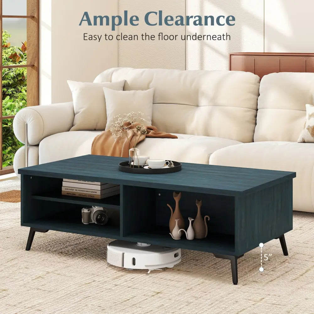 2-Tier Mid Century Modern Coffee Table with Storage Shelves Compartments-Blue Costway