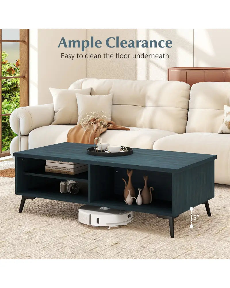 2-Tier Mid Century Modern Coffee Table with Storage Shelves Compartments-Blue - Blue - Coffee Tables