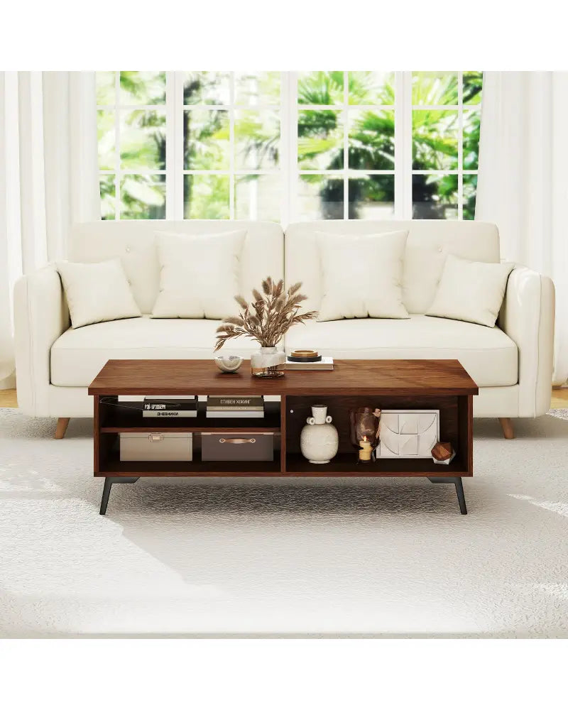 2-Tier Mid Century Modern Coffee Table with Storage Shelves Compartments-Walnut - Walnut - Coffee Tables