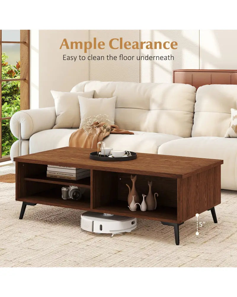 2-Tier Mid Century Modern Coffee Table with Storage Shelves Compartments-Walnut - Walnut - Coffee Tables
