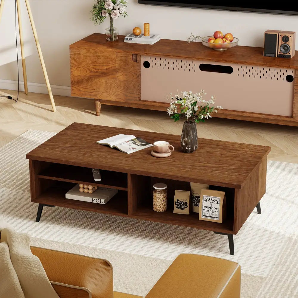 2-Tier Mid Century Modern Coffee Table with Storage Shelves Compartments-Walnut Costway