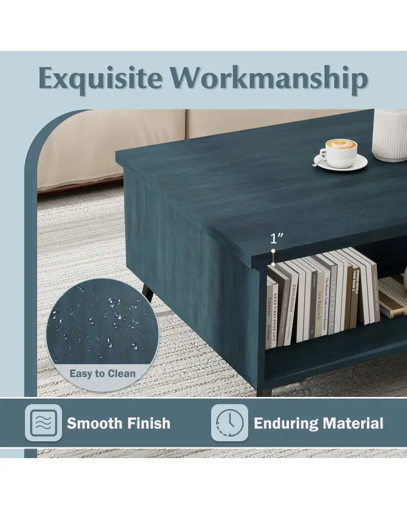 2-Tier Mid Century Modern Coffee Table with Storage Shelves Compartments-Blue - Blue - Coffee Tables