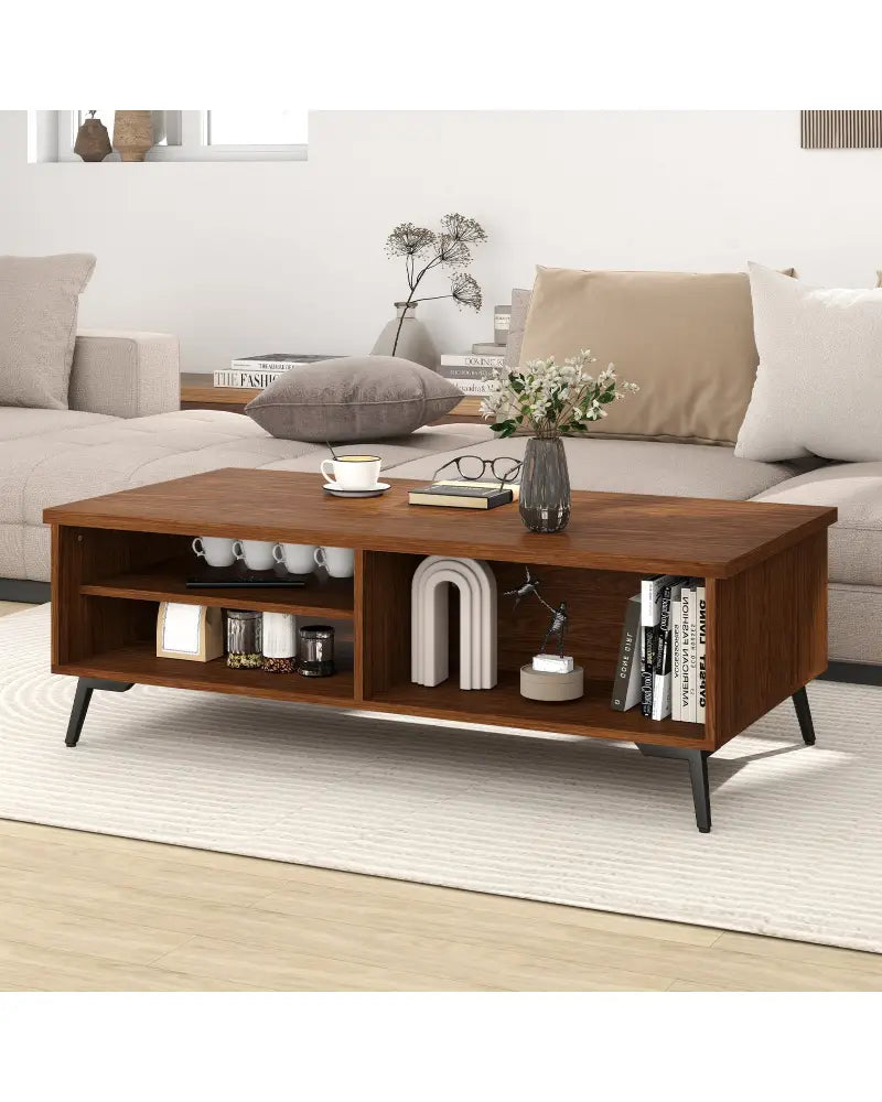 2-Tier Mid Century Modern Coffee Table with Storage Shelves Compartments-Walnut - Walnut - Coffee Tables