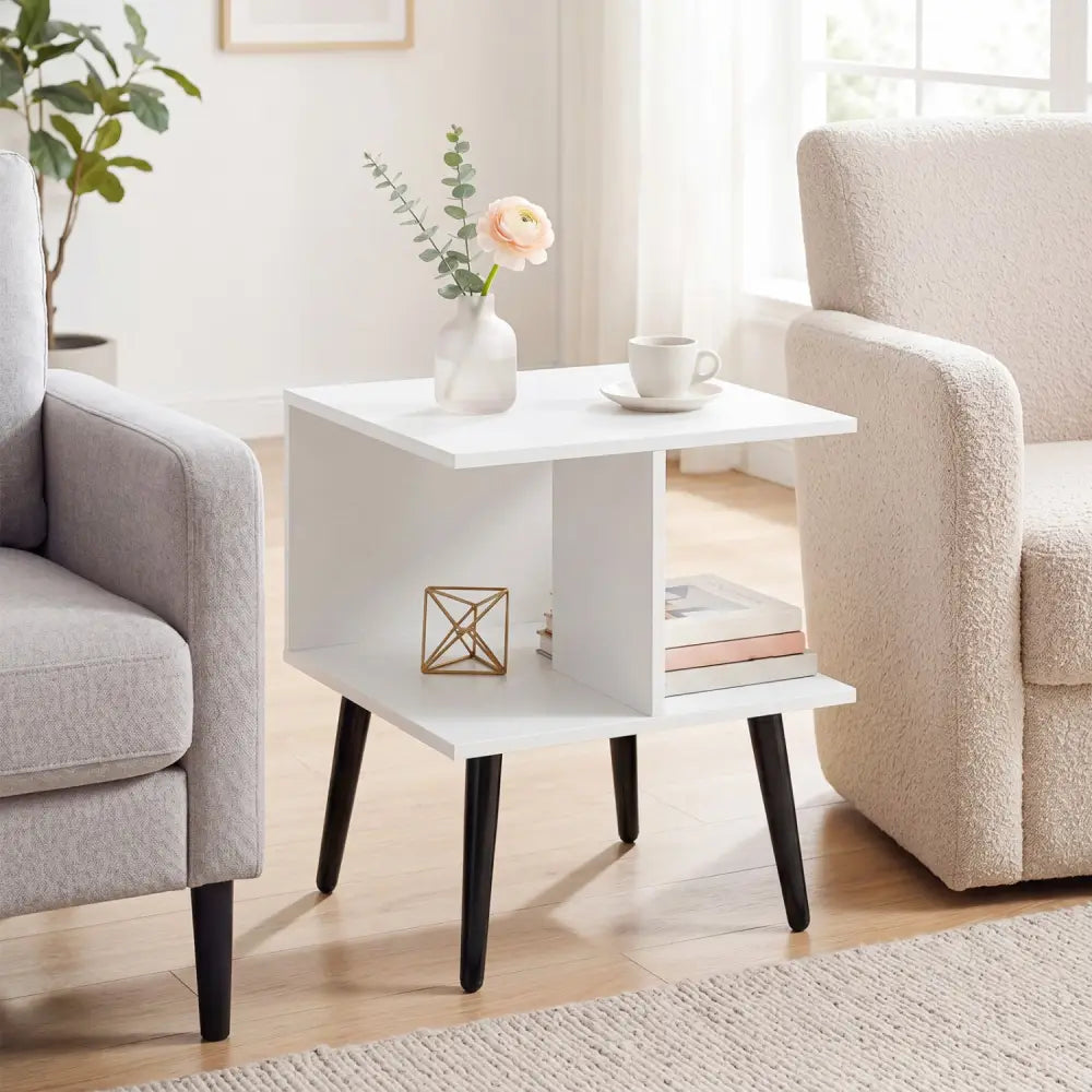 2-Tier Mid Century Modern End Table with 2 Compartments and Metal Legs-White - White - End & Side Tables