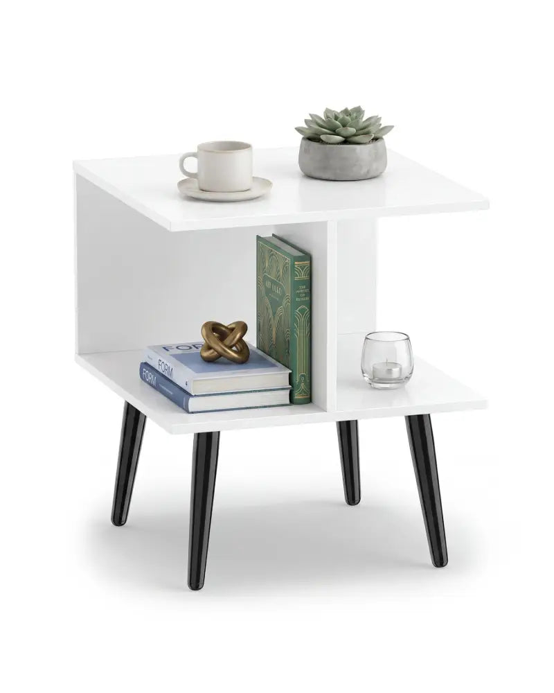 2-Tier Mid Century Modern End Table with 2 Compartments and Metal Legs-White - White - End & Side Tables
