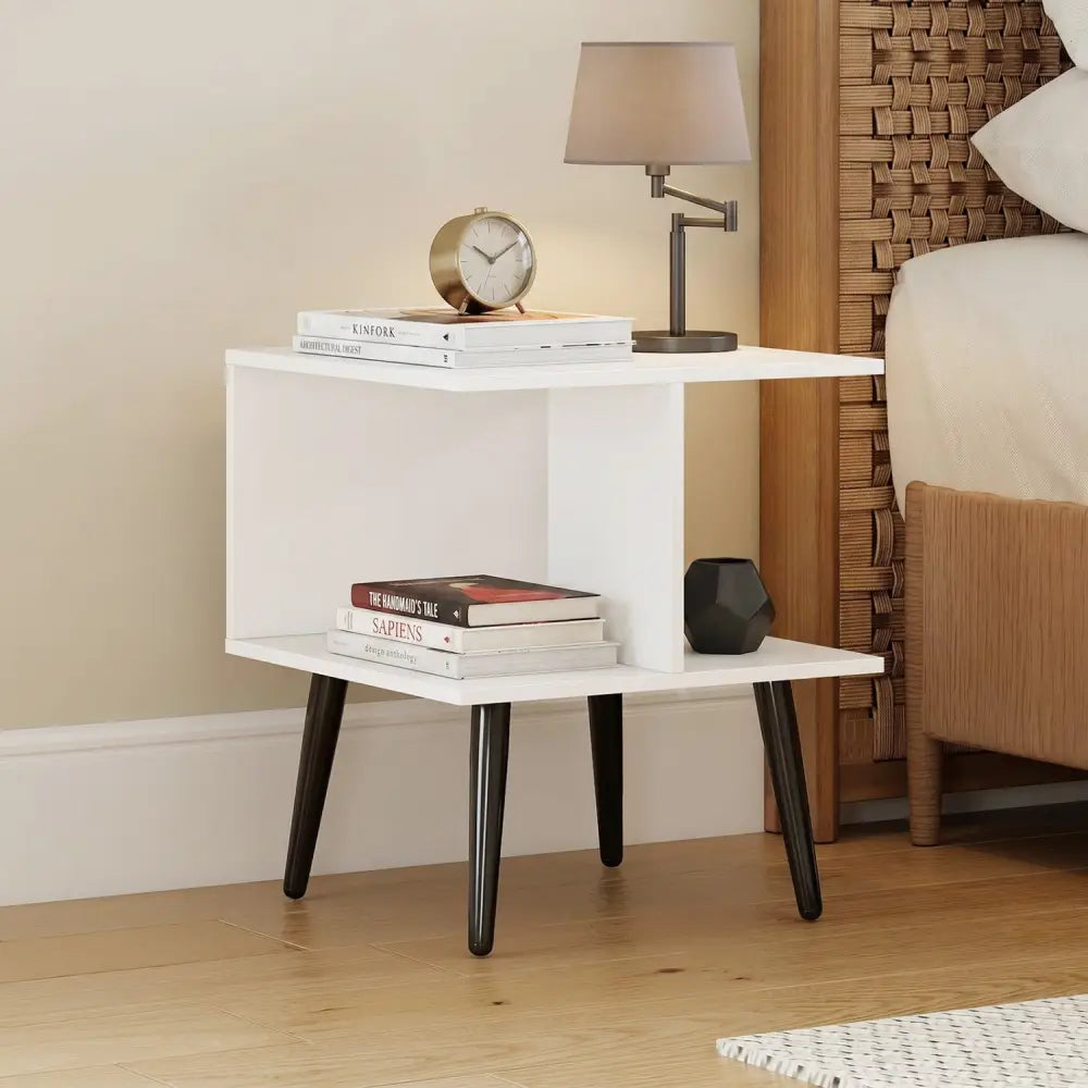 2-Tier Mid Century Modern End Table with 2 Compartments and Metal Legs-White - White - End & Side Tables