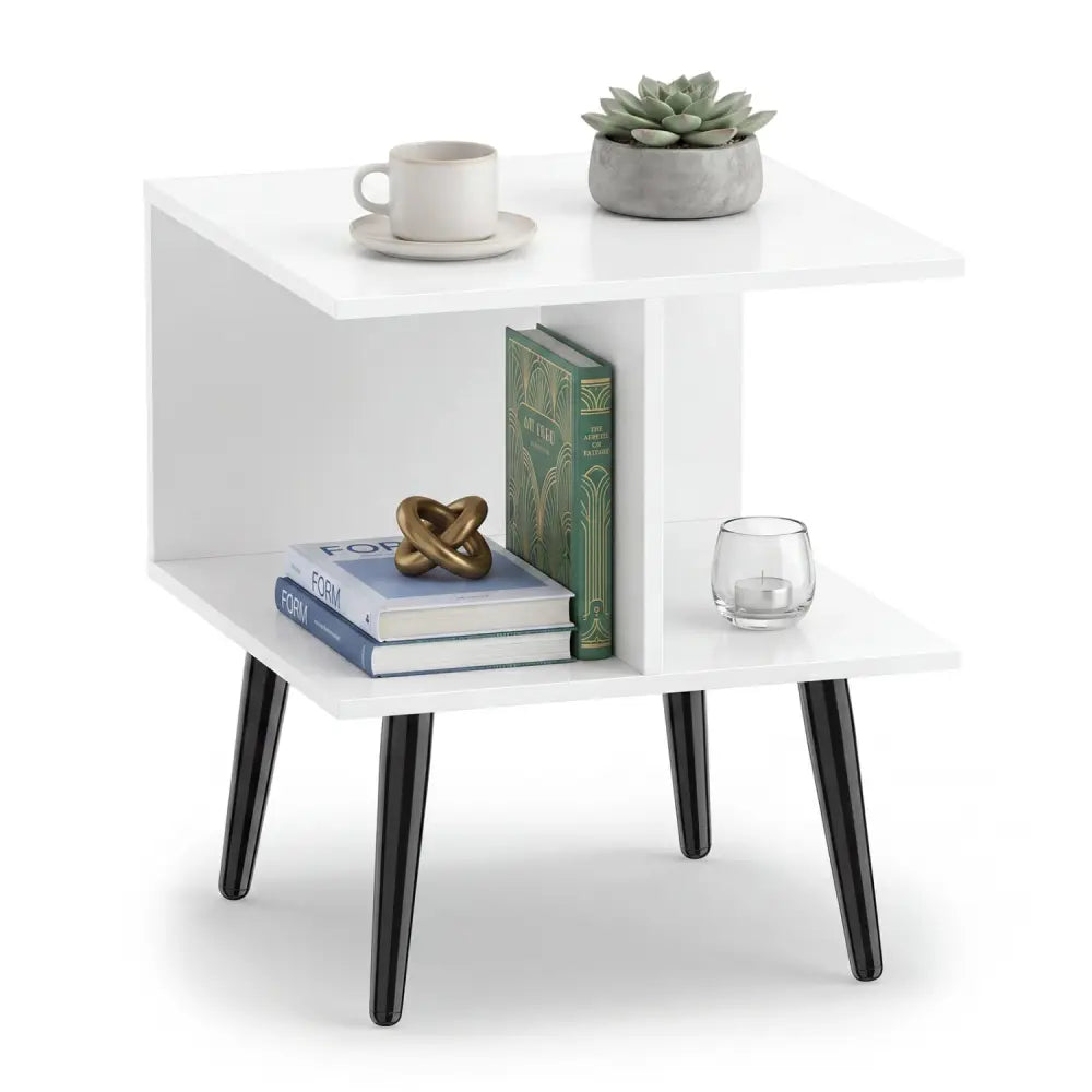 2-Tier Mid Century Modern End Table with 2 Compartments and Metal Legs-White - White - End & Side Tables