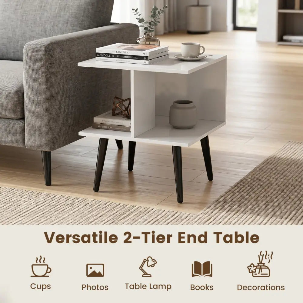 2-Tier Mid Century Modern End Table with 2 Compartments and Metal Legs-White - White - End & Side Tables