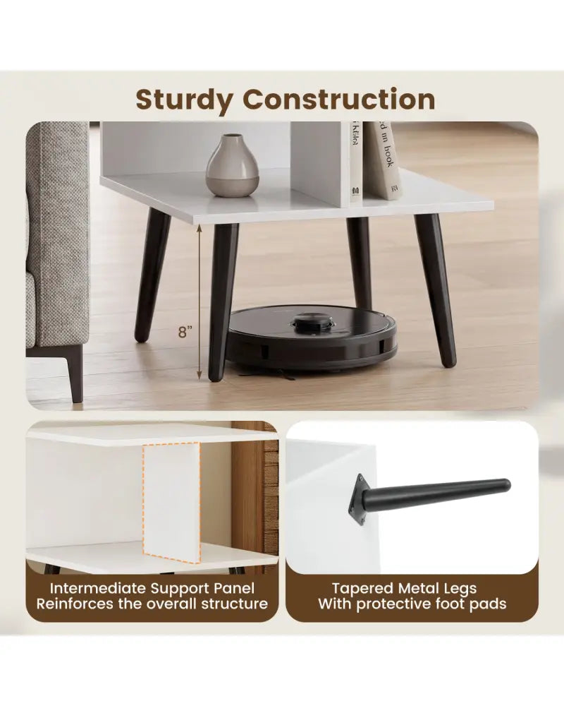 2-Tier Mid Century Modern End Table with 2 Compartments and Metal Legs-White - White - End & Side Tables