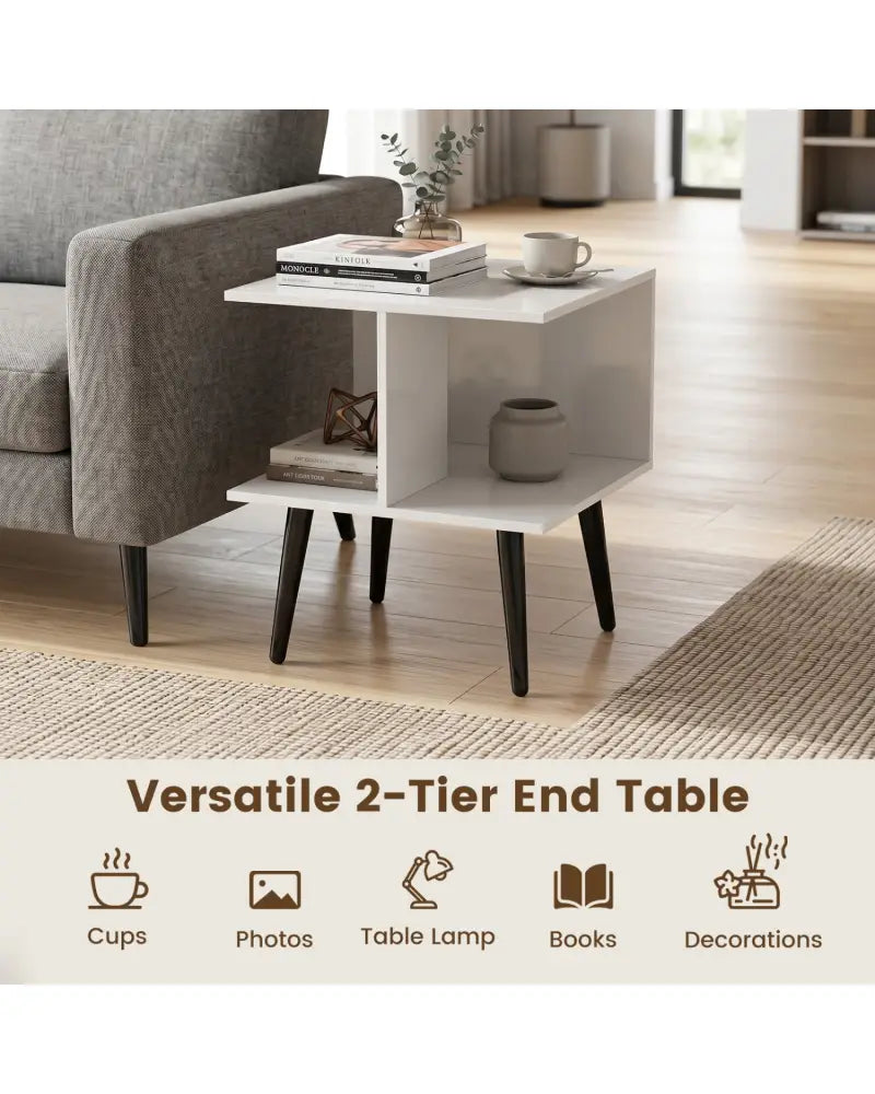 2-Tier Mid Century Modern End Table with 2 Compartments and Metal Legs-White - White - End & Side Tables