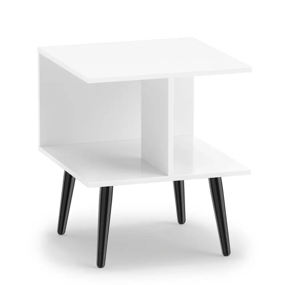 2-Tier Mid Century Modern End Table with 2 Compartments and Metal Legs-White - White - End & Side Tables