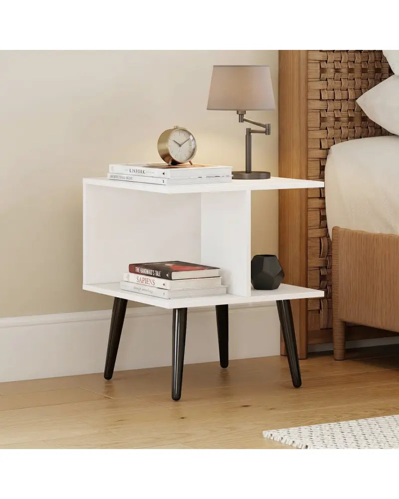 2-Tier Mid Century Modern End Table with 2 Compartments and Metal Legs-White - White - End & Side Tables