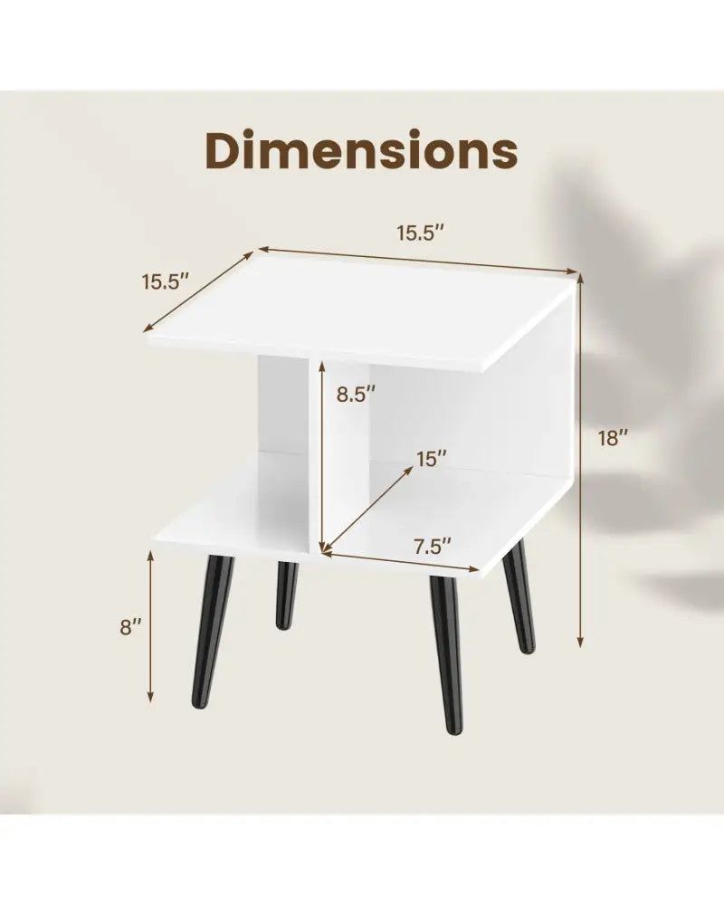 2-Tier Mid Century Modern End Table with 2 Compartments and Metal Legs-White - White - End & Side Tables